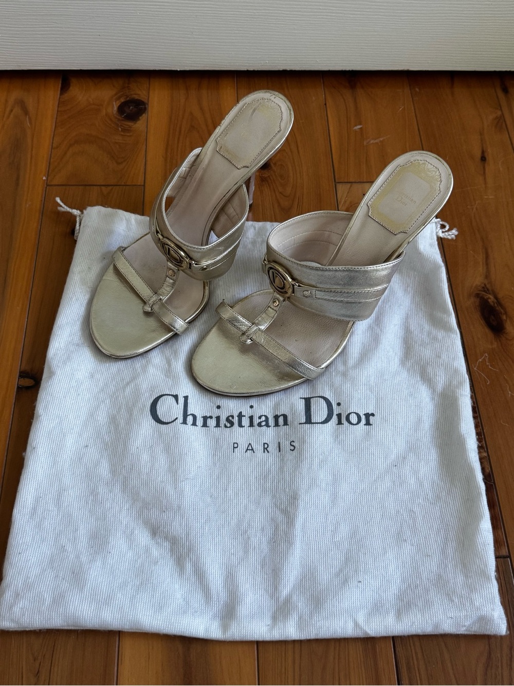 Dior Metallic Gold Leather Slide Mules with Logo Accent